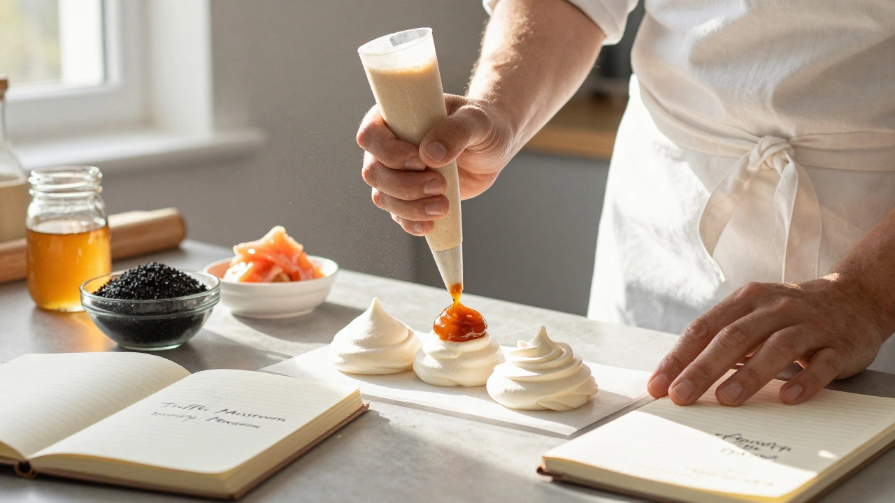 A pastry chef piping gourmet fillings such as black sesame and smoked salmon cream into delicate macaron shells in a sunlit kitchen.