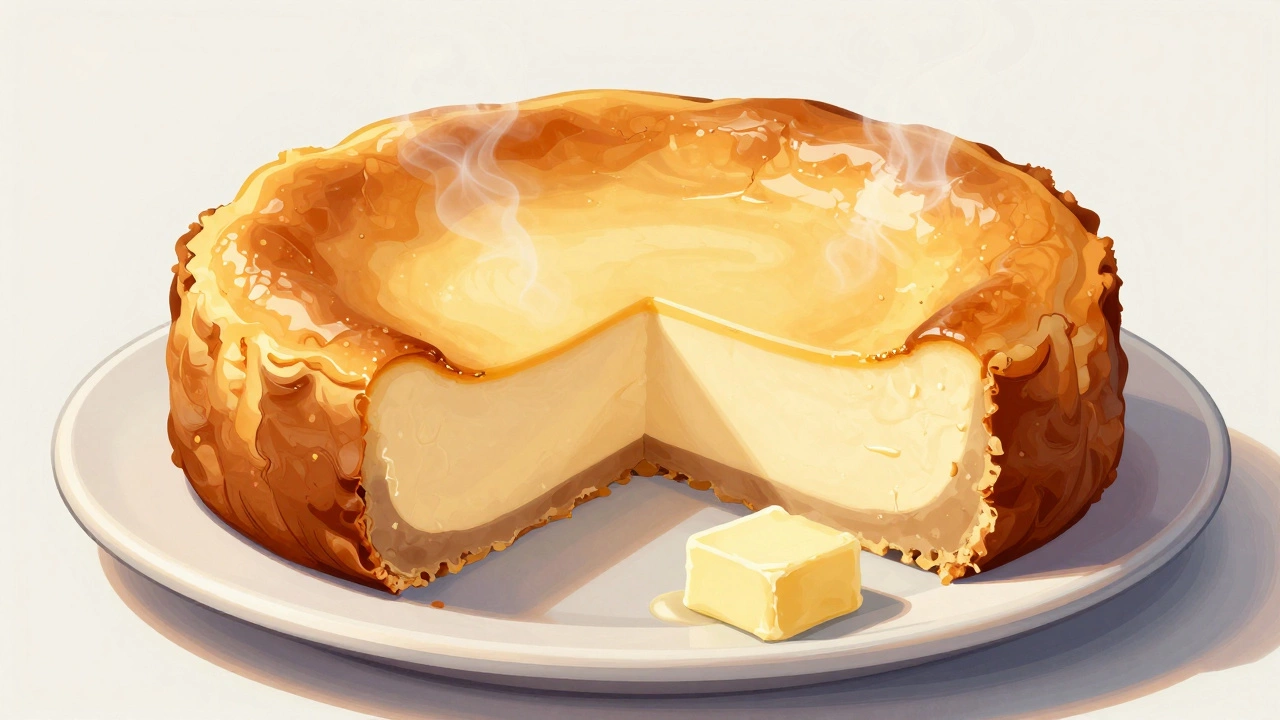 A sliced cheesecake with smooth filling beside a pat of European-style butter.