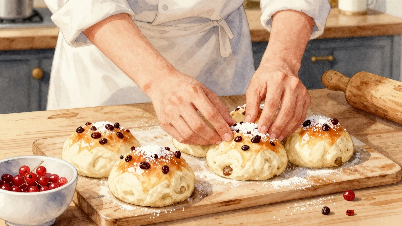 Baker preparing Bath buns with currants and sugar topping
