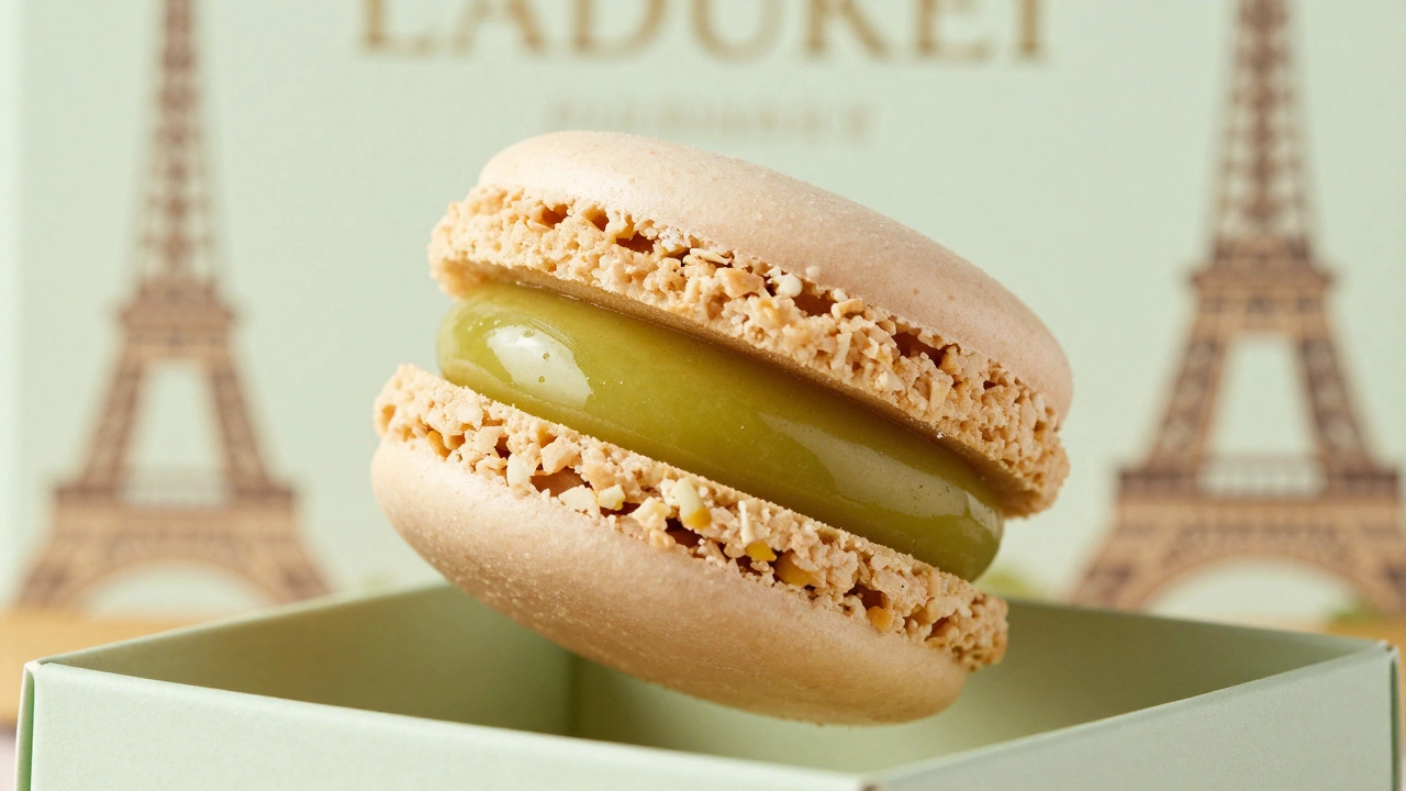 Close-up of a perfect Ladurée macaron with ruffled edge and rich pistachio filling, delicately lit to highlight texture.