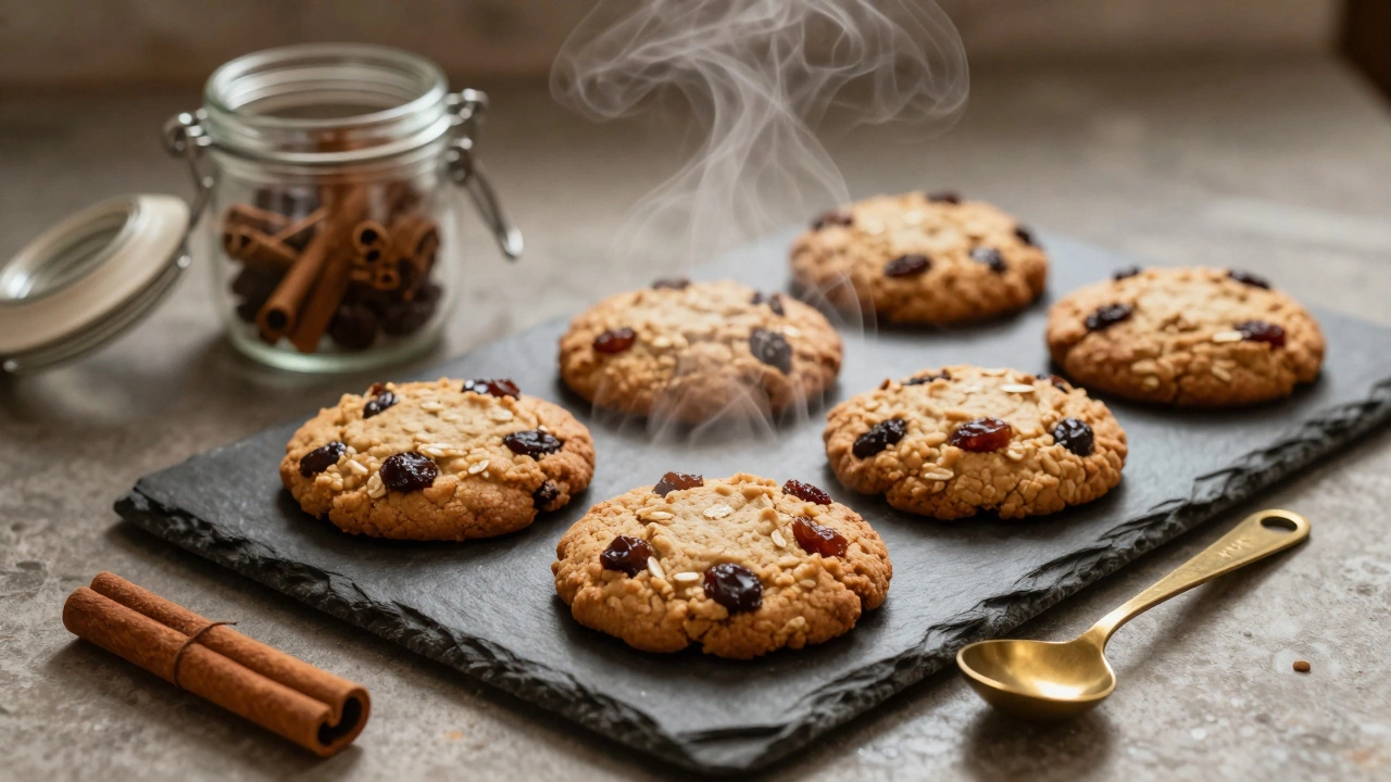 Freshly baked oatmeal raisin cookies with whole cinnamon quills and a measuring spoon nearby.