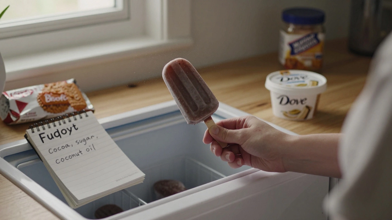 Hand holding a frozen Popsicle and Fudgsicle beside vegan cookies on a kitchen counter.