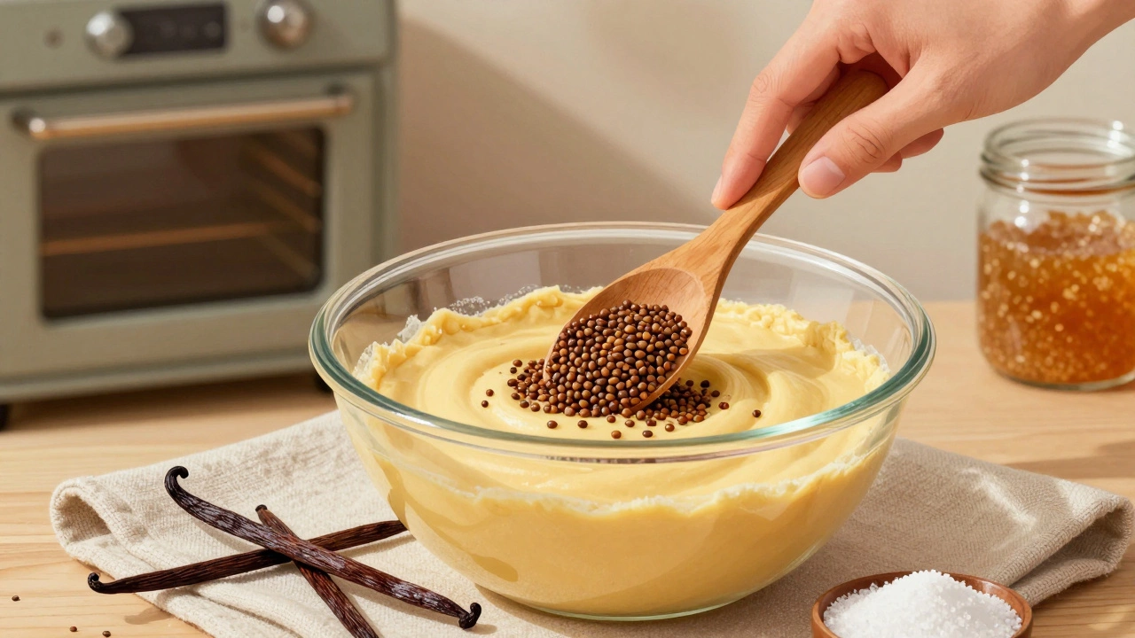 Hand scraping vanilla bean seeds into cookie dough with sugar and pod nearby.