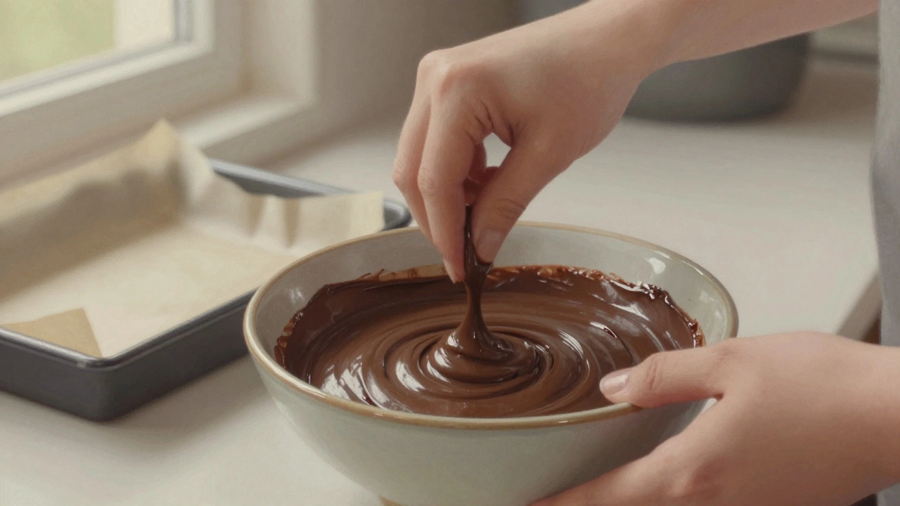 Hand stirring cooled fudge until it becomes smooth and velvety in texture.