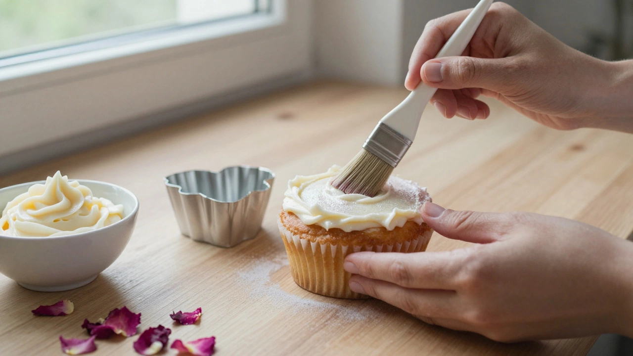Hands brushing edible glitter onto a heart cake with buttercream and rose petals on a wooden counter.