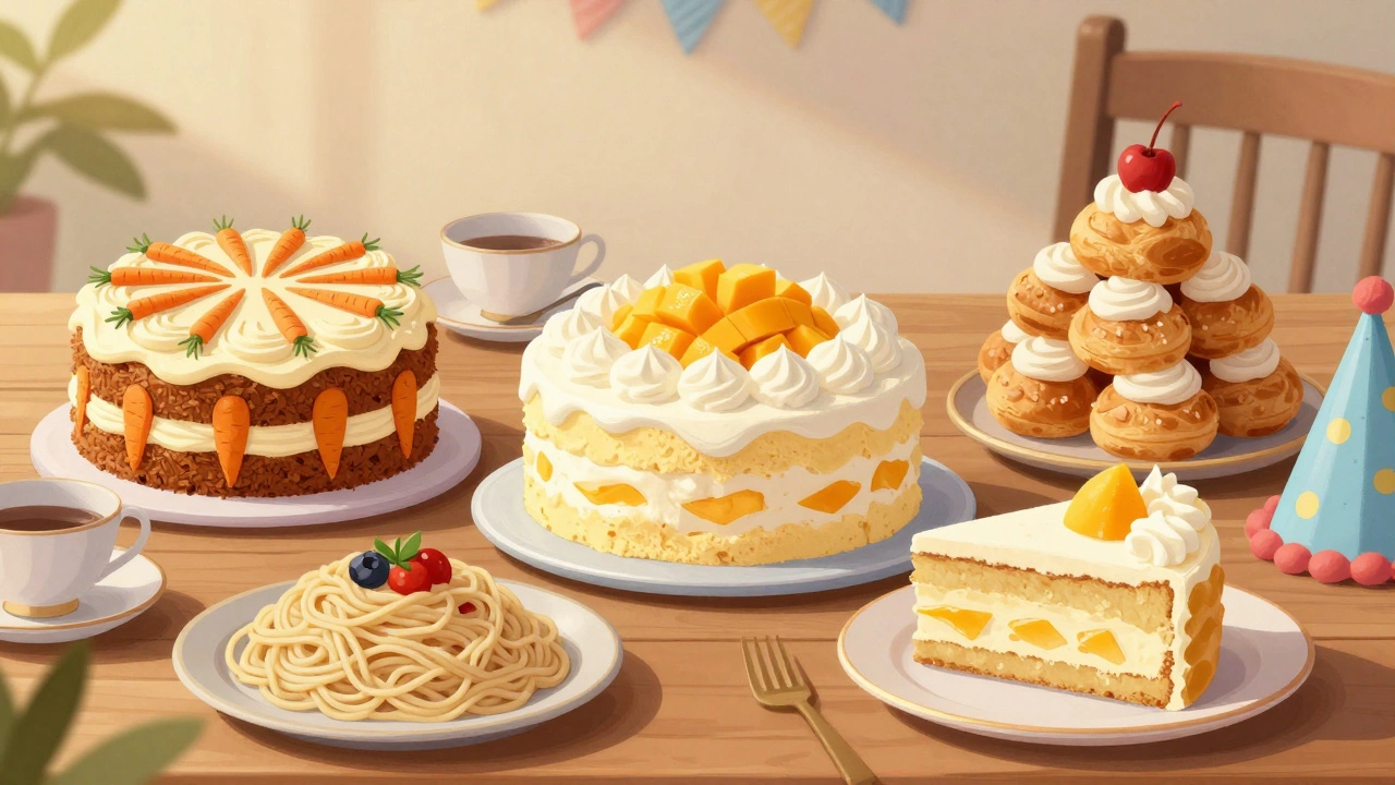 Multicultural birthday desserts including carrot cake, tres leches, and cream puff tower.