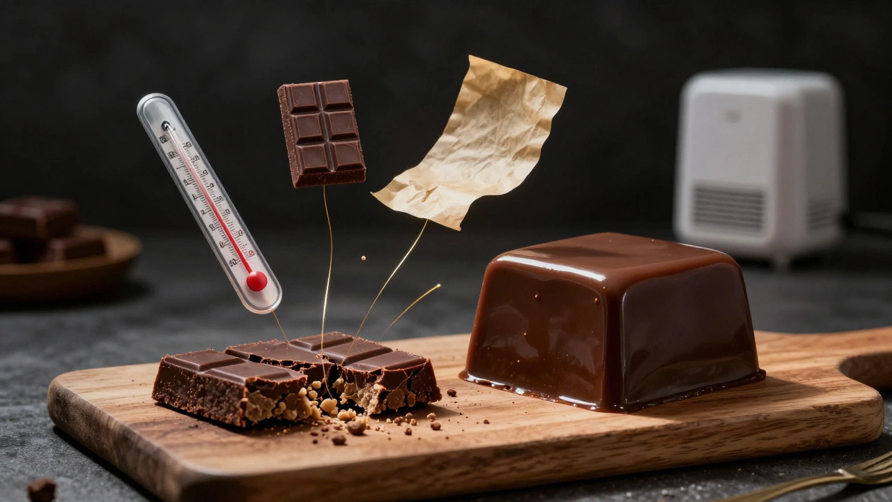 Perfect fudge square beside a ruined batch, with tools of success floating above.