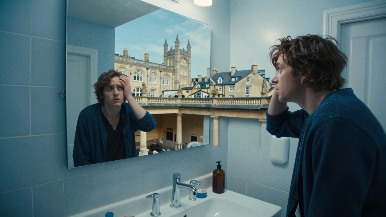 Person in bathroom confused mirror reflects Bath cityscape