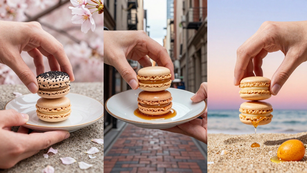 Three macarons from Tokyo, New York, and Auckland, each representing regional flavors on culturally inspired surfaces.