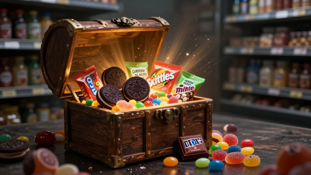 Treasure chest overflowing with accidentally vegan candies on a grocery shelf.