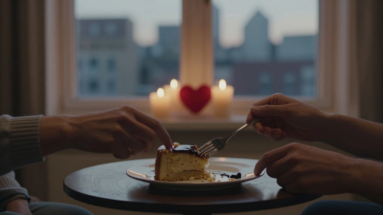 Two people sharing a slice of romantic heart cake by a window at dusk, candles glowing softly.