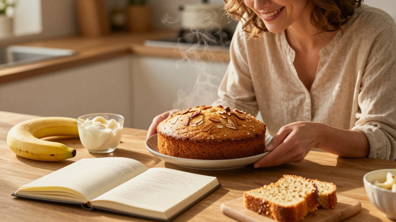 Woman enjoying a moist gluten-free cake in a cozy kitchen, with healthy ingredients and food journal visible.