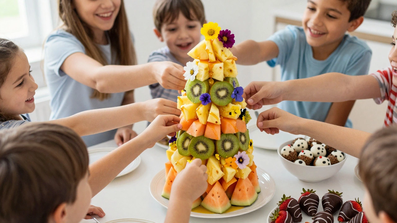 A colorful fruit tower at a child's birthday party with melon, pineapple, and kiwi slices.