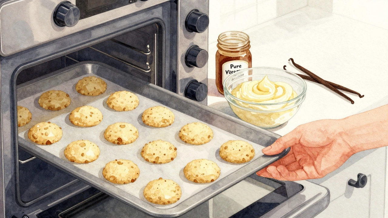 A hand placing cookie dough into an oven, with pure vanilla extract visible next to discarded imitation vanilla.