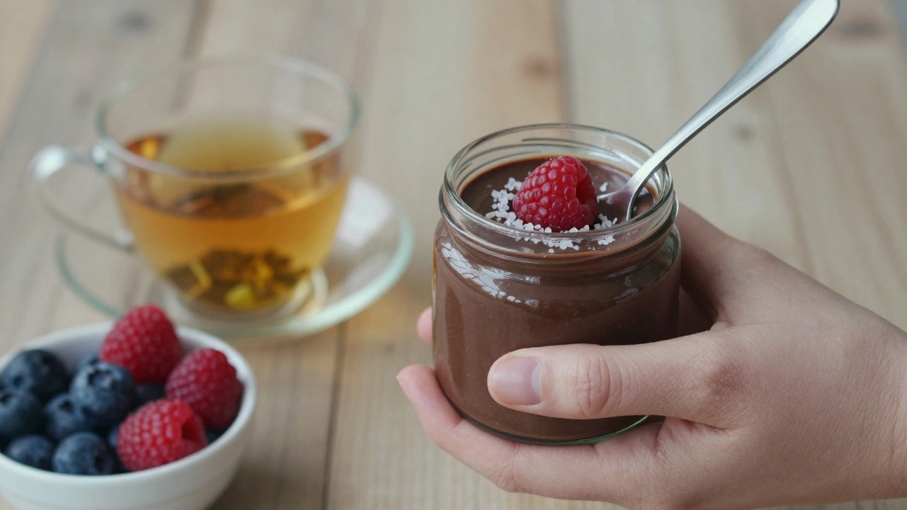 A jar of dark chocolate avocado mousse with a raspberry garnish and herbal tea beside it.
