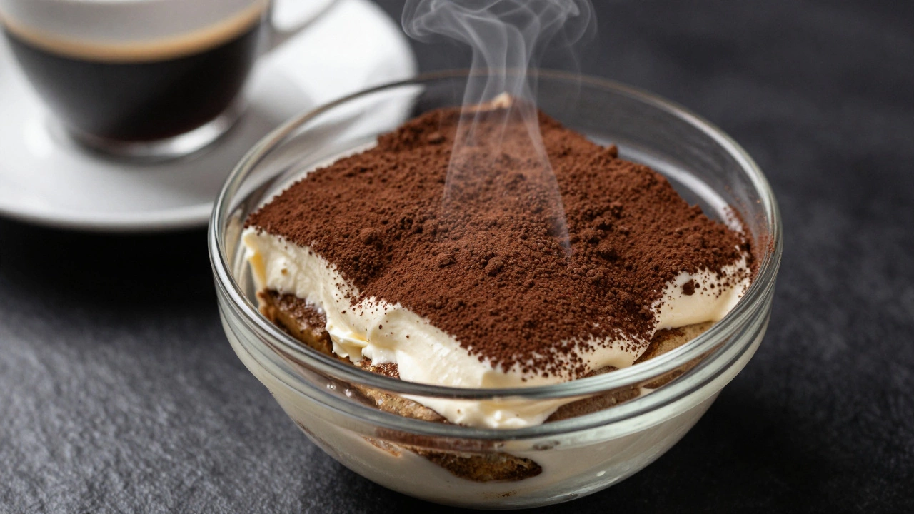 A single serving of authentic tiramisu in a glass bowl, showing distinct layers of coffee, cream, and cocoa.