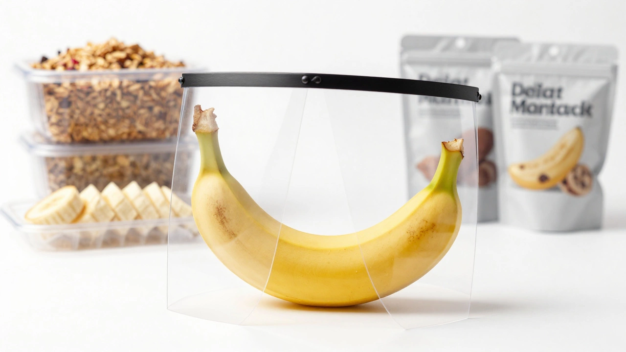 A whole banana protected by a shield, with contaminated banana products blurred in the background.