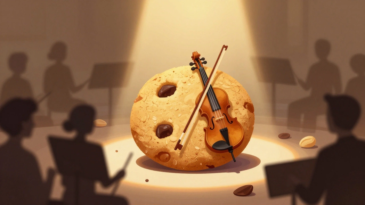 An artistic depiction of a vanilla cookie as a solo violinist glowing with golden light among blurred ingredients.