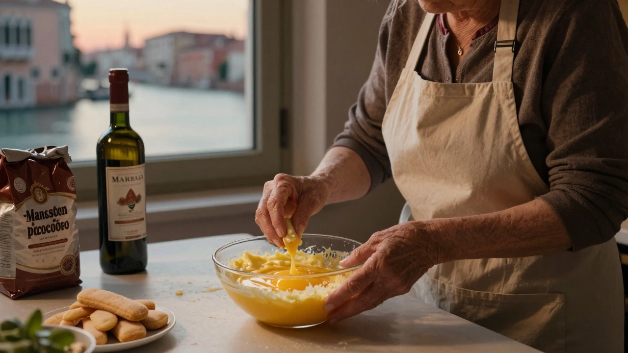 An elderly woman gently mixing mascarpone and egg yolks in a traditional Italian kitchen.