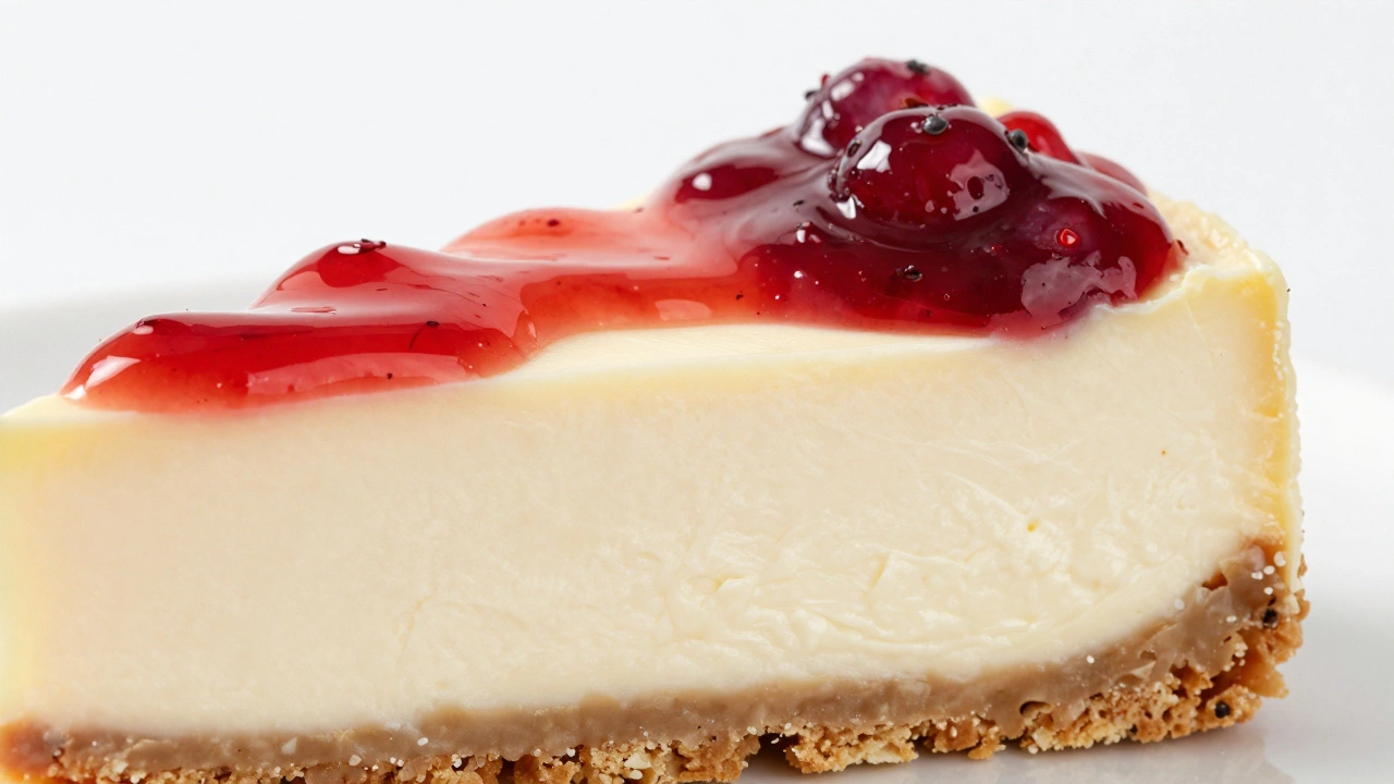 Close up cross section of creamy cheesecake with graham cracker base