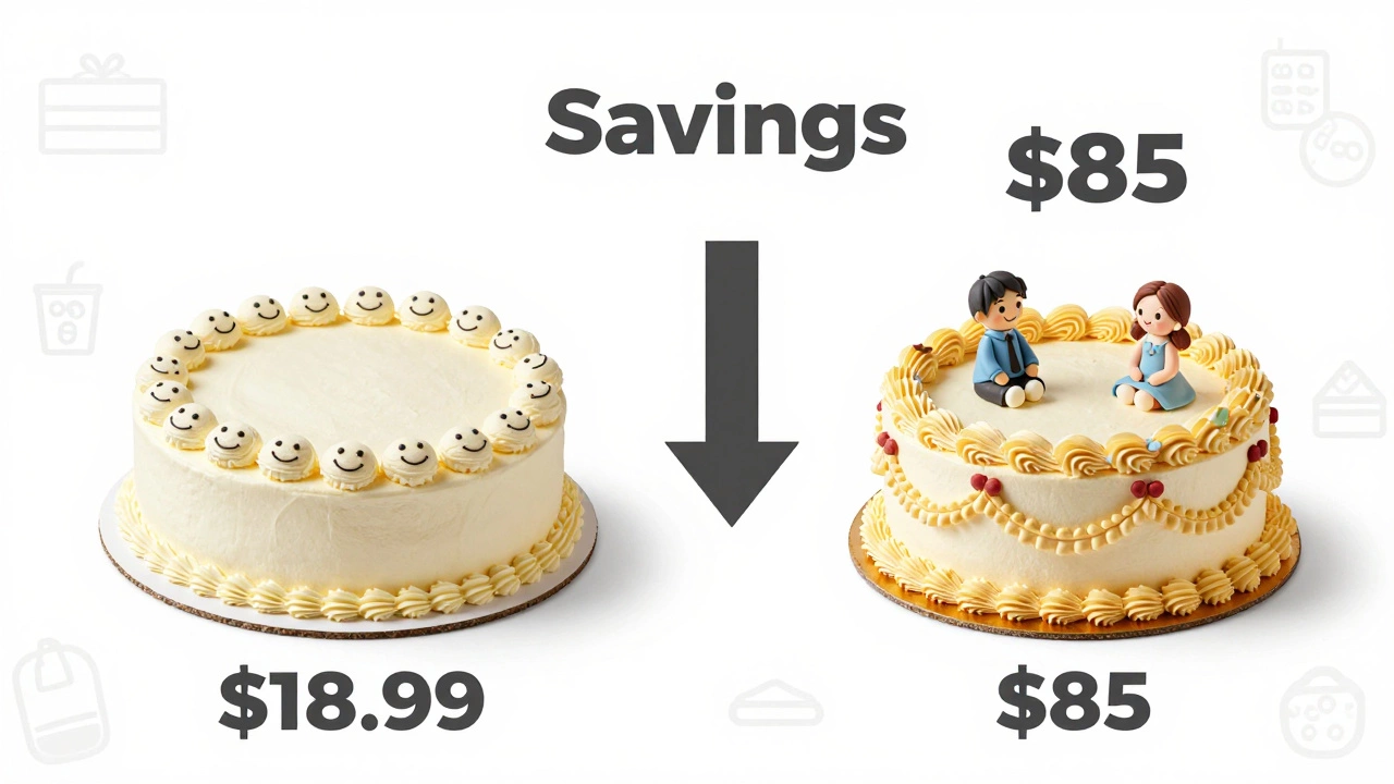 Costco cake vs. expensive bakery cake with price comparison arrow, showing value difference.