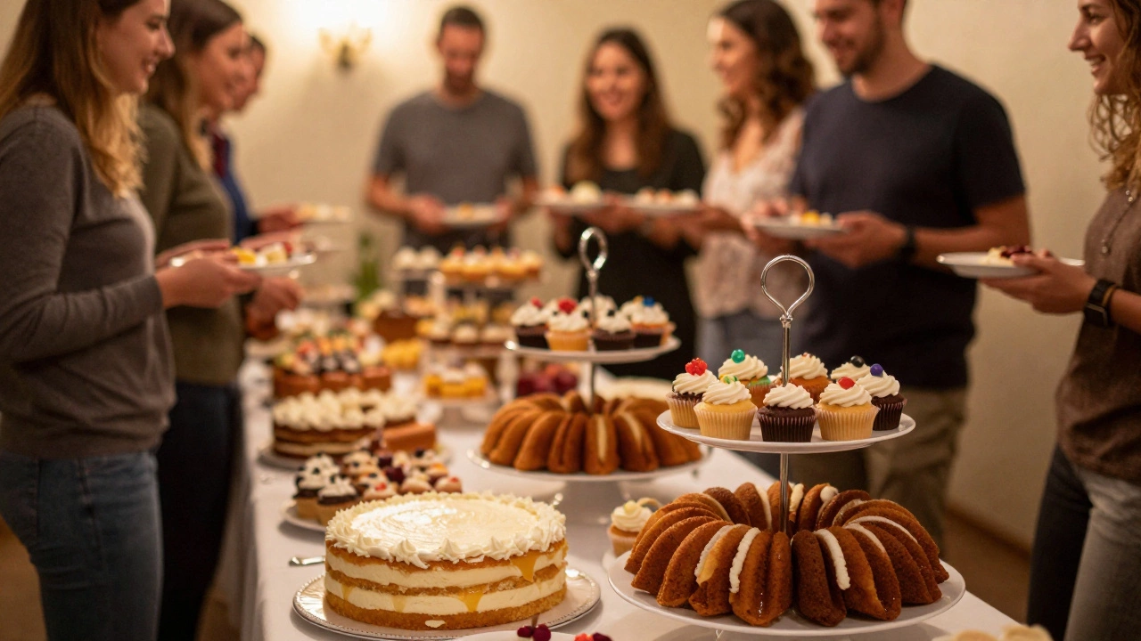 Dessert buffet table with sheet cake and cupcakes at a party.