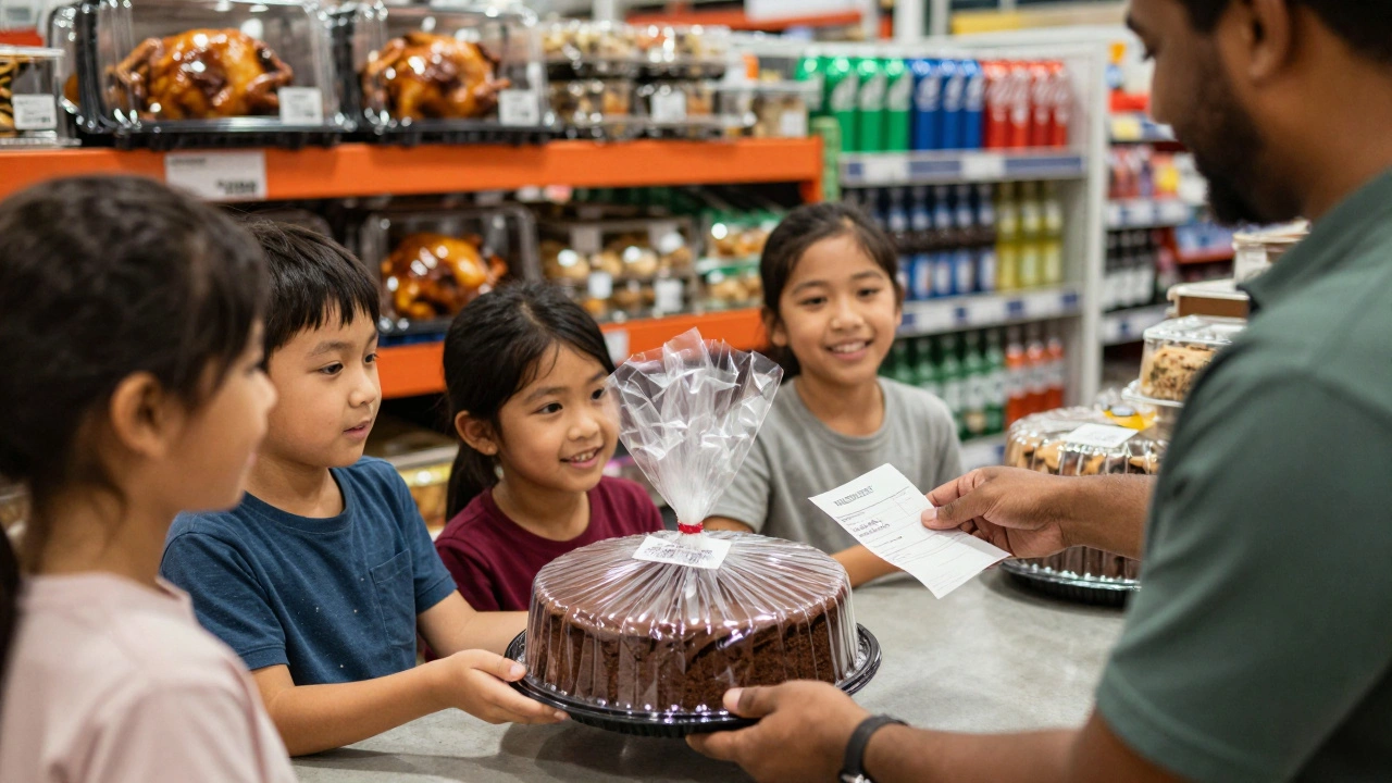 Family collecting a Costco birthday cake from bakery counter with receipt and shopping cart in background.