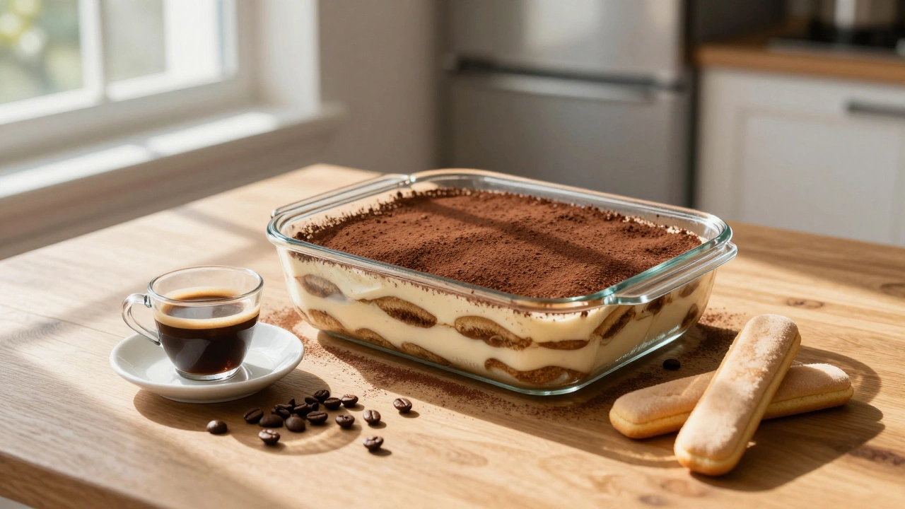 Glass dish of tiramisu with cocoa powder dusted on top