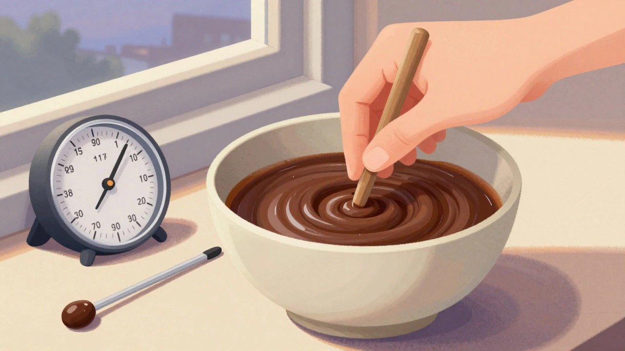 Hand stirring fudge as it cools to 110°F, surface turning from glossy to matte.