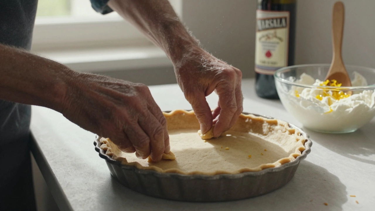 Hands pressing a buttery crust into a pan while stirring ricotta mixture with citrus zest and orange blossom water.