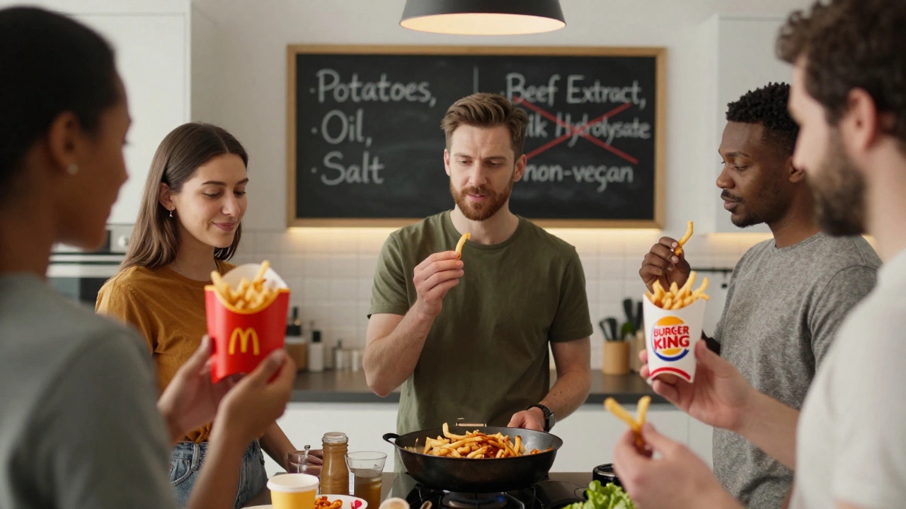 People in a kitchen holding different fries, with an ingredient comparison chalkboard behind them.