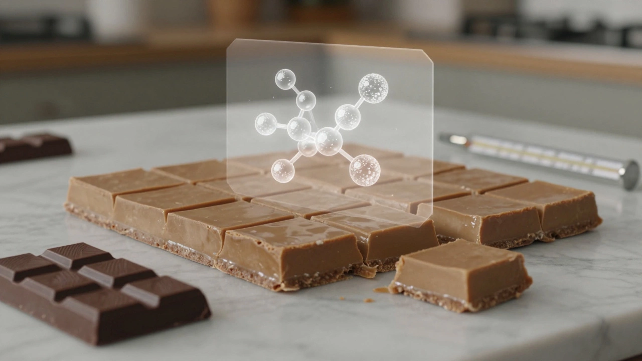 Perfectly set fudge squares on marble with a candy thermometer and chocolate bar beside them.