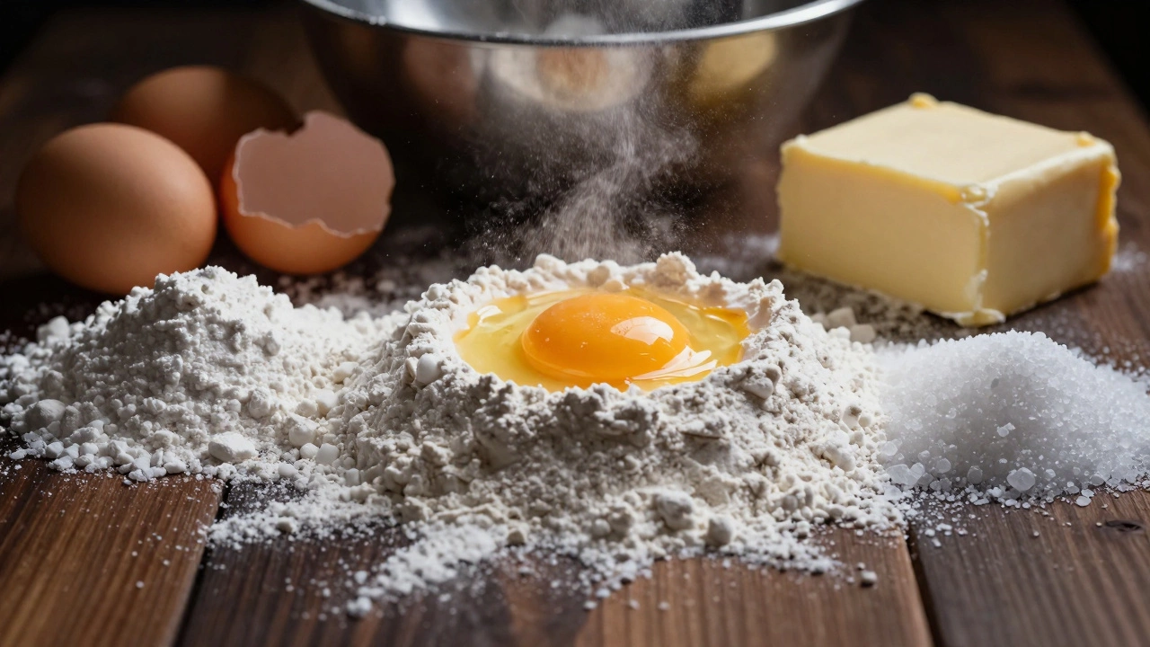 Raw baking ingredients like flour, sugar, and eggs arranged on a wooden table.
