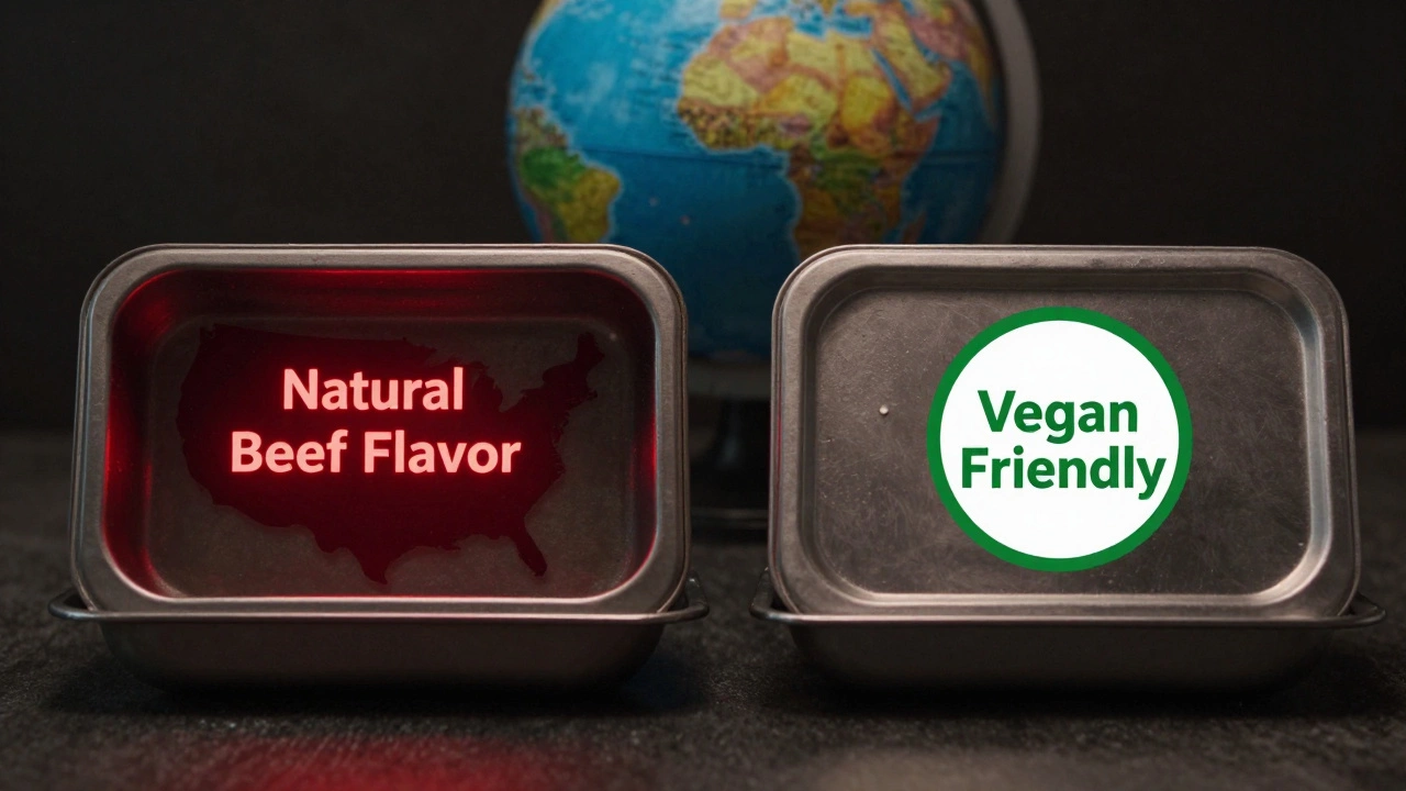 Side-by-side comparison of fries in the U.S. and Australia with contrasting labels.