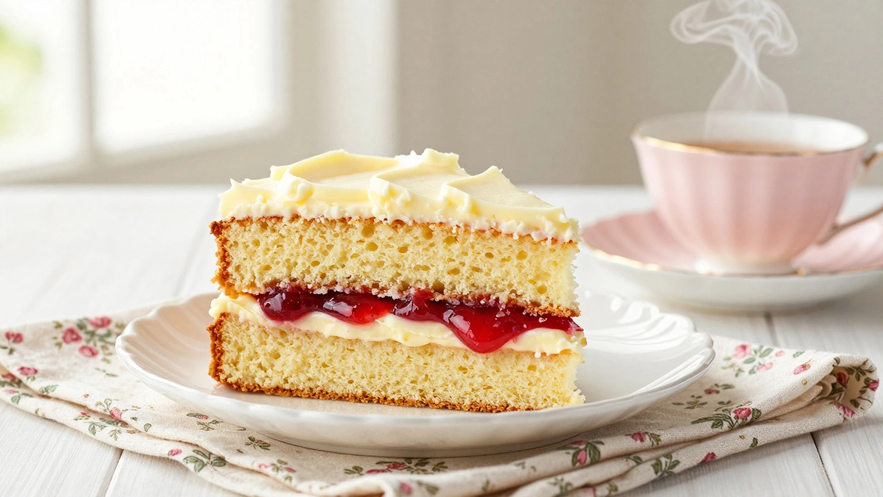 Traditional British Victoria Sponge cake with jam and cream beside a teacup.