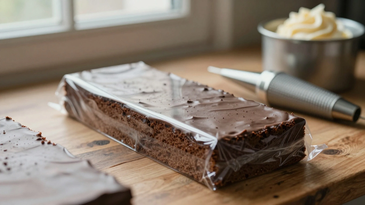 Wrapped chocolate cake layers prepared for storage on a wooden table.