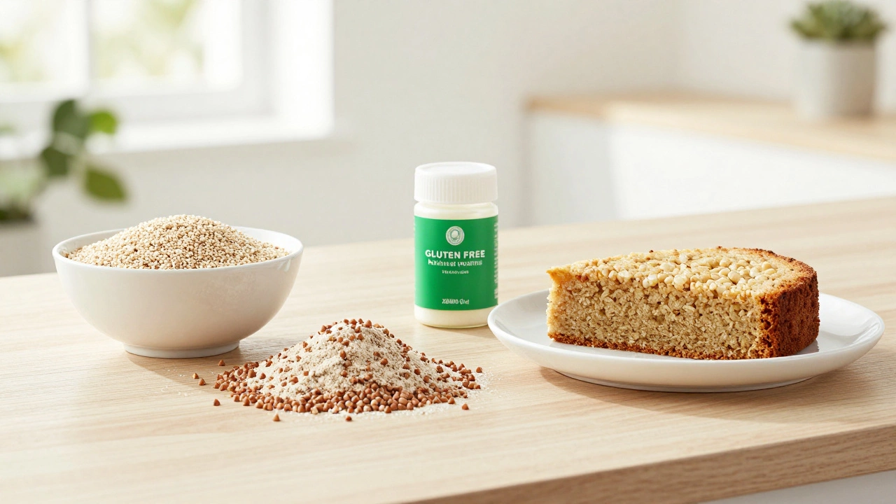 A collection of gluten-free baking ingredients including quinoa, buckwheat flour, and a cake slice