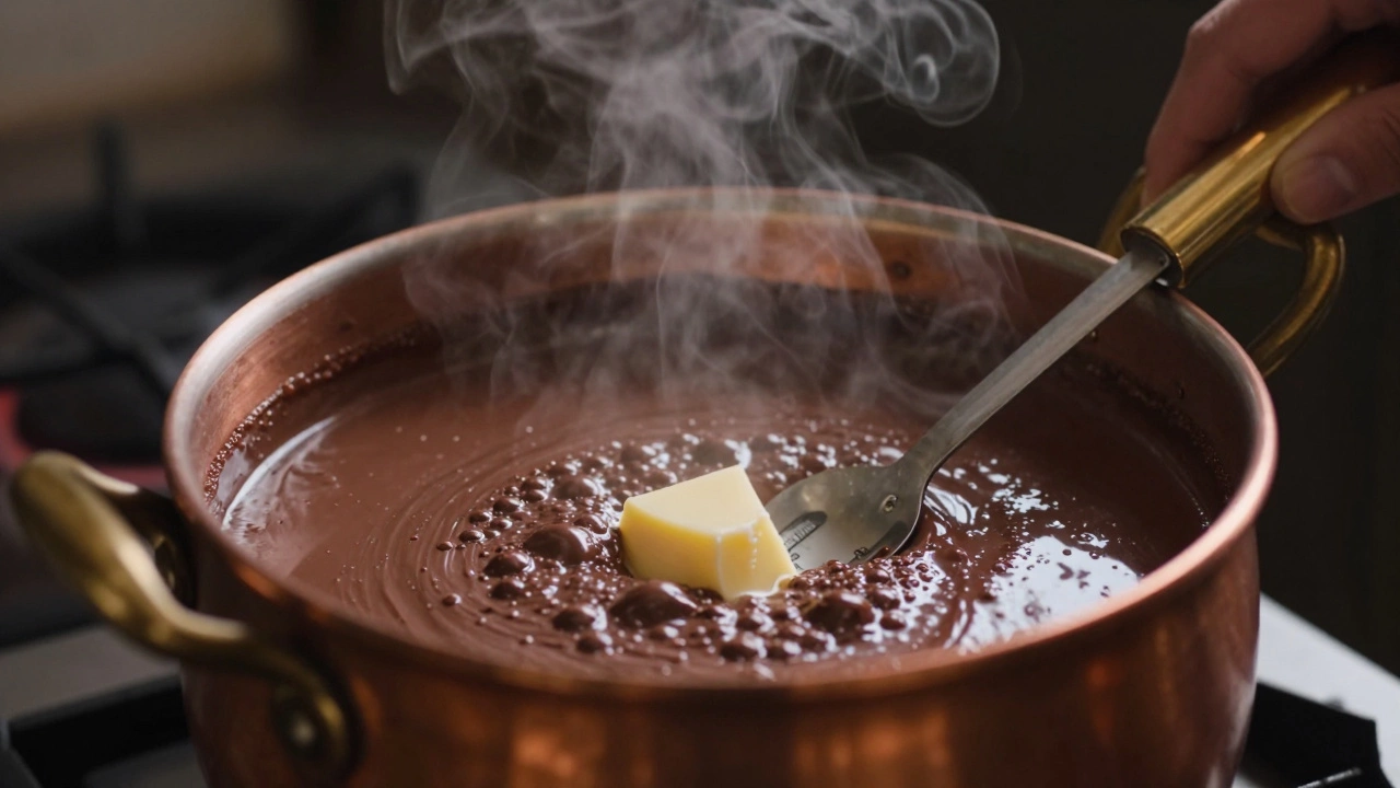 A digital thermometer measuring a bubbling chocolate mixture in a copper pot.