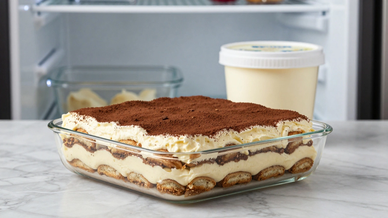 A layered Tiramisu dessert in a glass dish next to a properly stored tub of cheese.