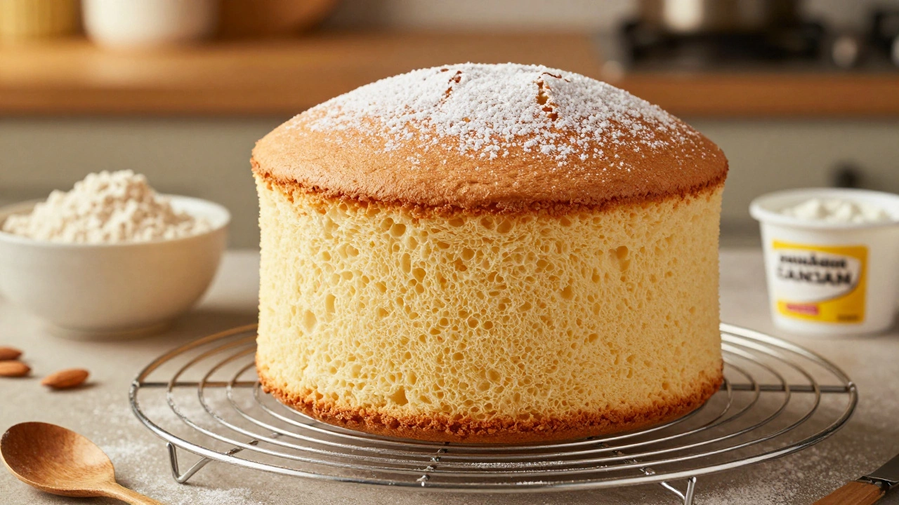 A perfectly risen, fluffy gluten-free cake cooling on a wire rack in a bright kitchen.