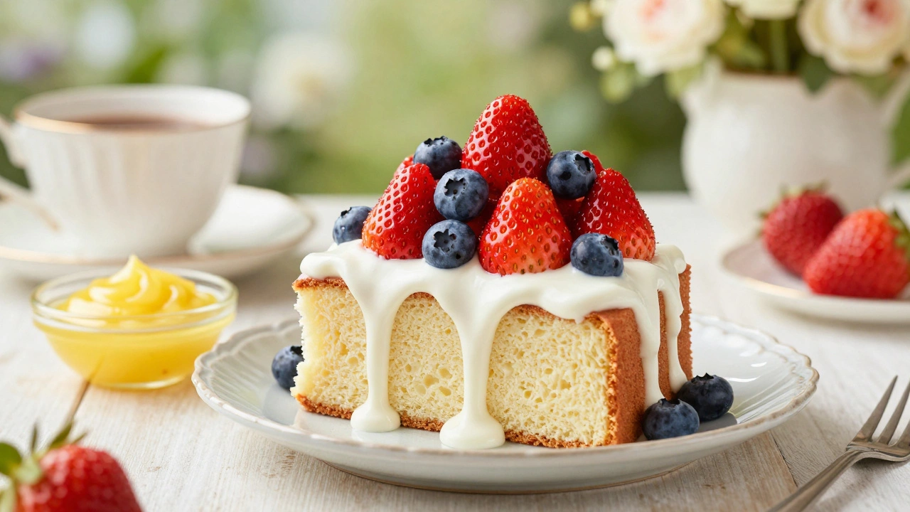 A slice of angel food cake topped with fresh berries and whipped cream.