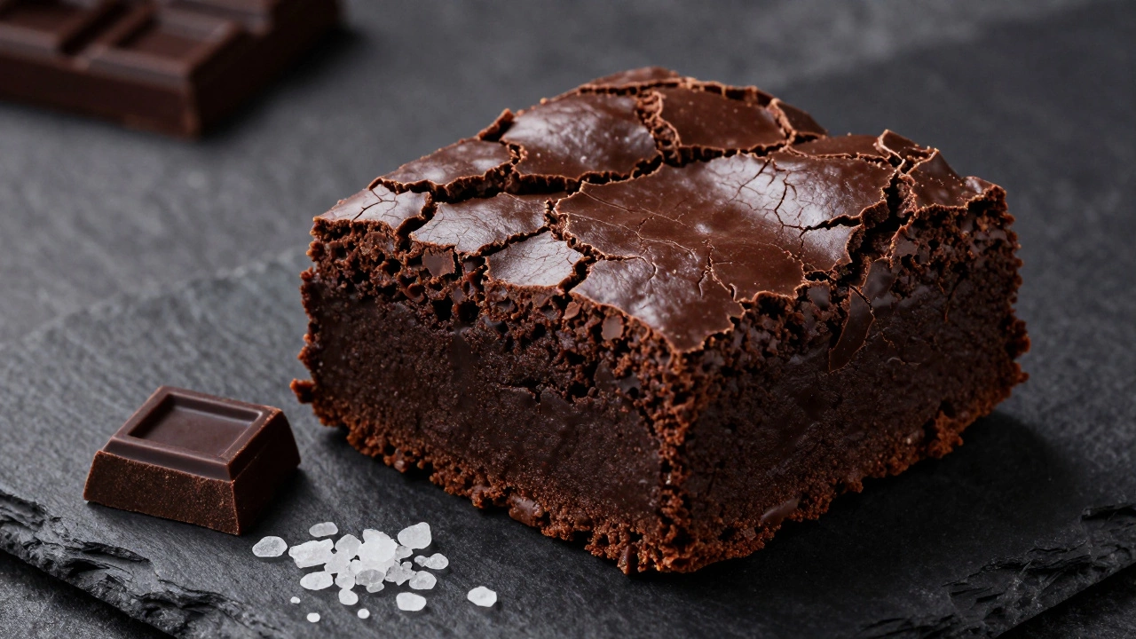 A slice of fudgy brownie with a shiny, crackly dark chocolate crust on a slate platter