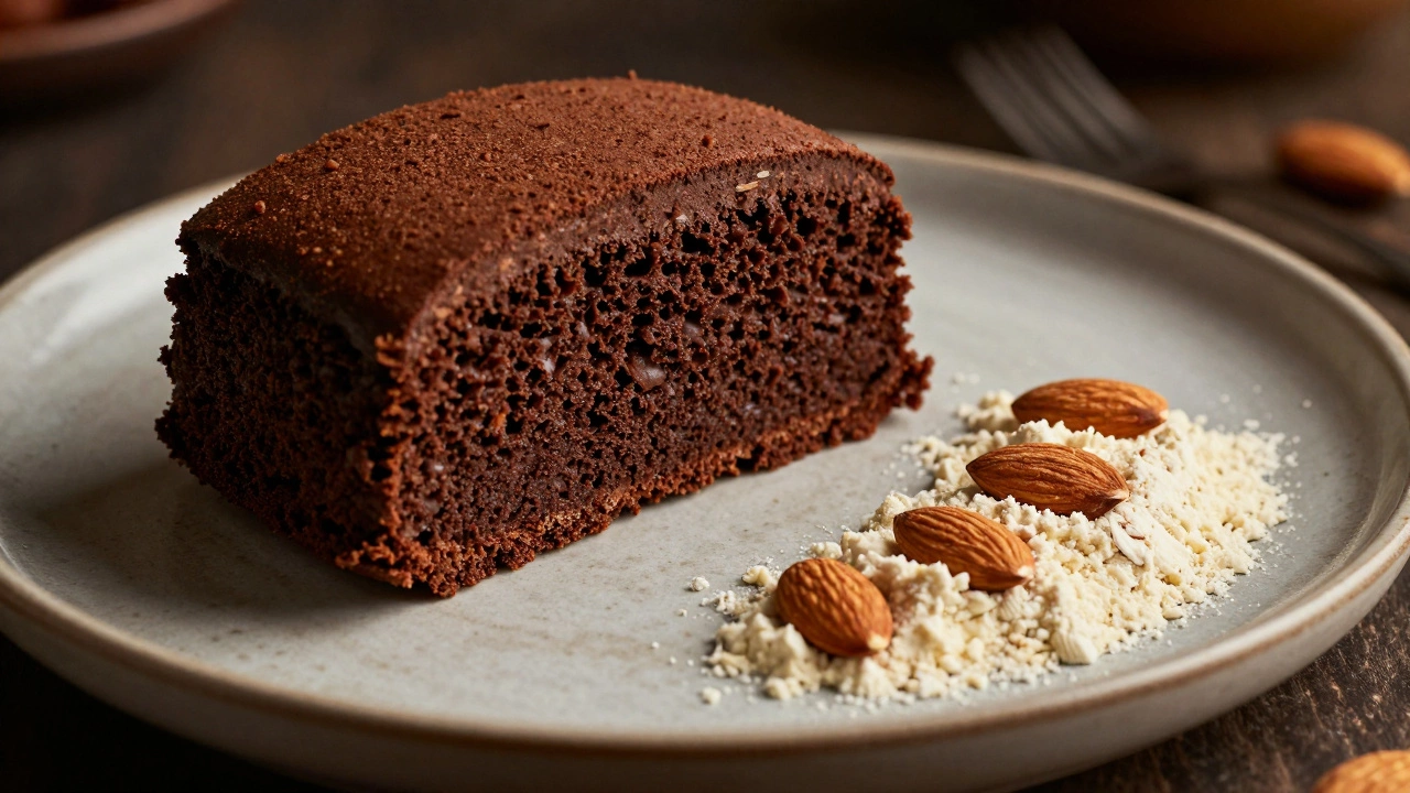 A slice of moist chocolate mud cake with almond flour on a plate