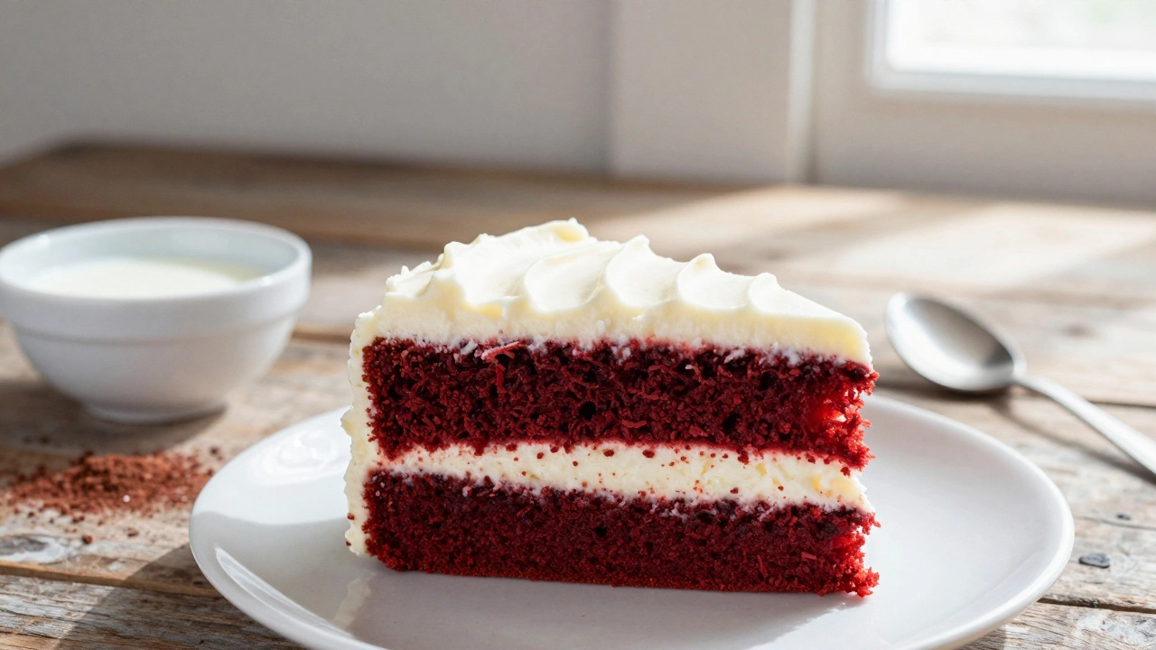 A slice of red velvet cake with white cream cheese frosting on a wooden table