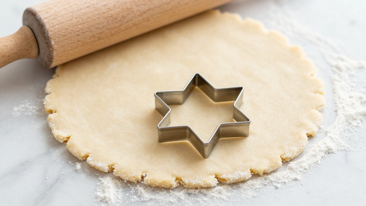 A star-shaped cutter pressing into rolled sugar cookie dough on a floured marble surface.