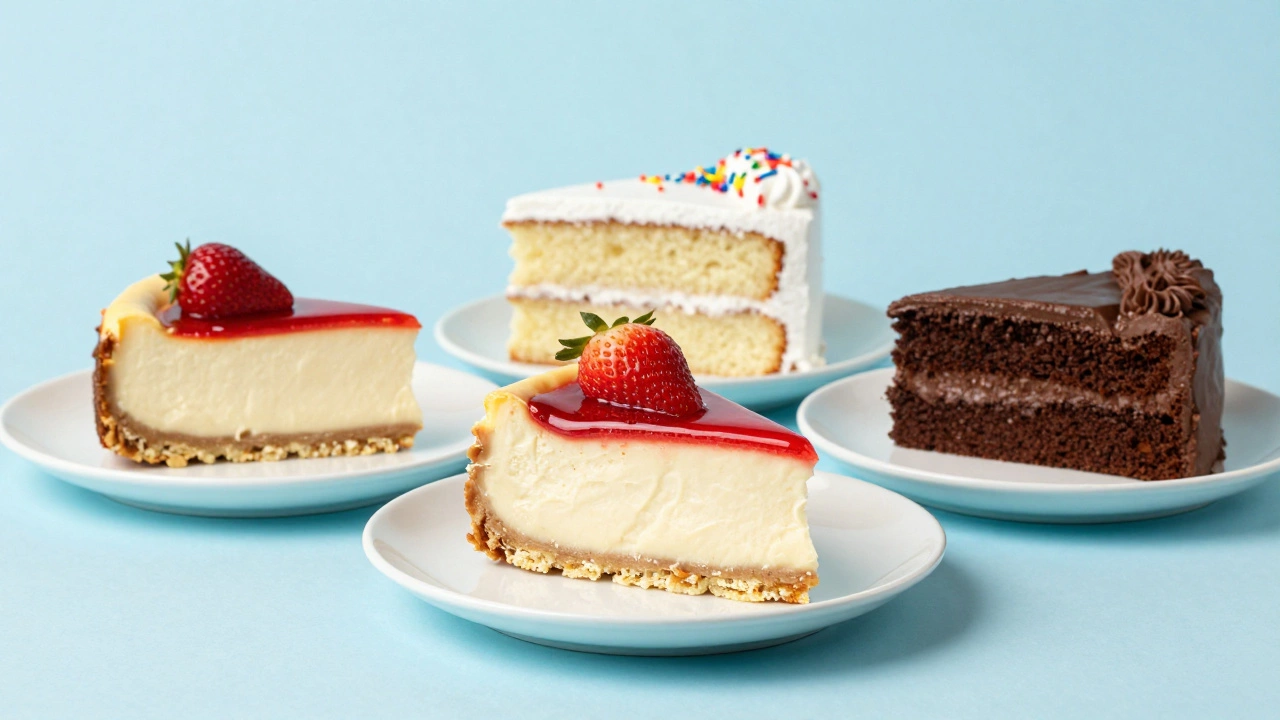 A variety of American cakes including cheesecake, vanilla, and chocolate