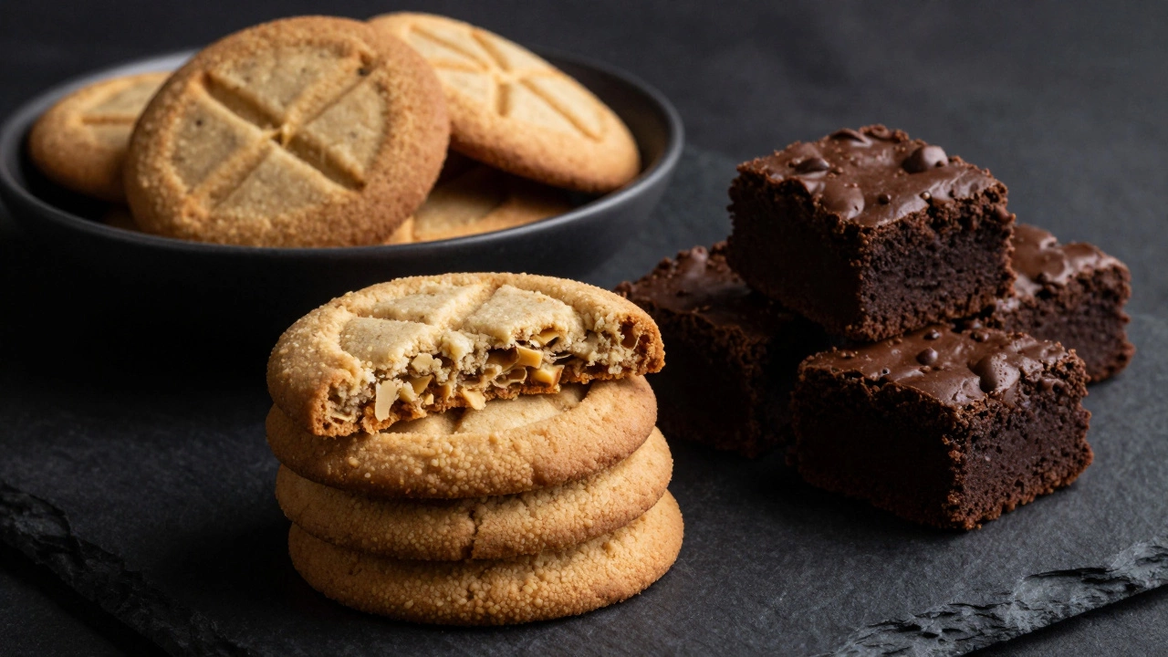A variety of baked treats including shortbread slices, brownies, and peanut butter cookies.