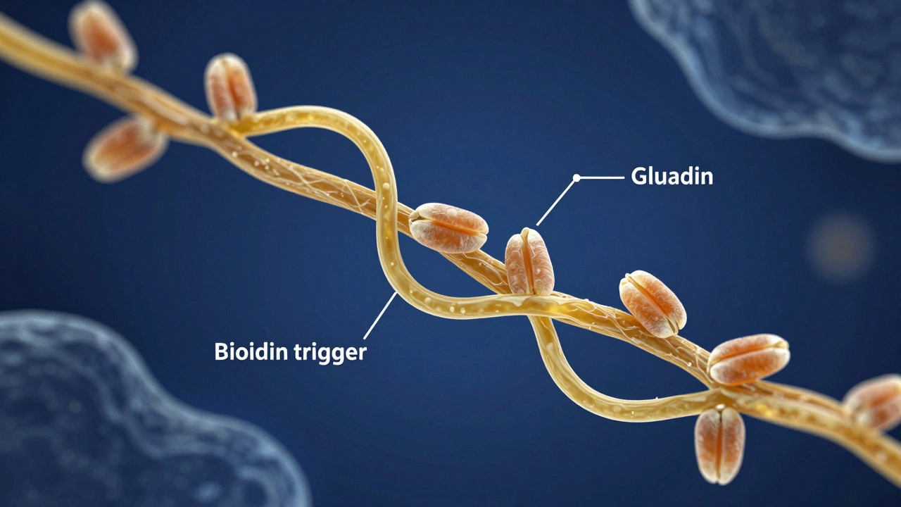Abstract artistic visualization of gluten protein structures binding wheat kernels