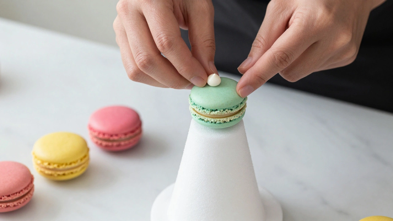 Close-up of a macaron being attached to a foam cone with royal icing on a marble surface