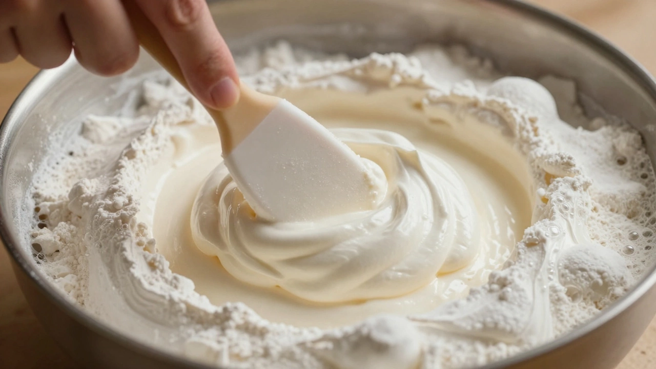 Close-up of flour being gently folded into whipped egg whites in a mixing bowl.